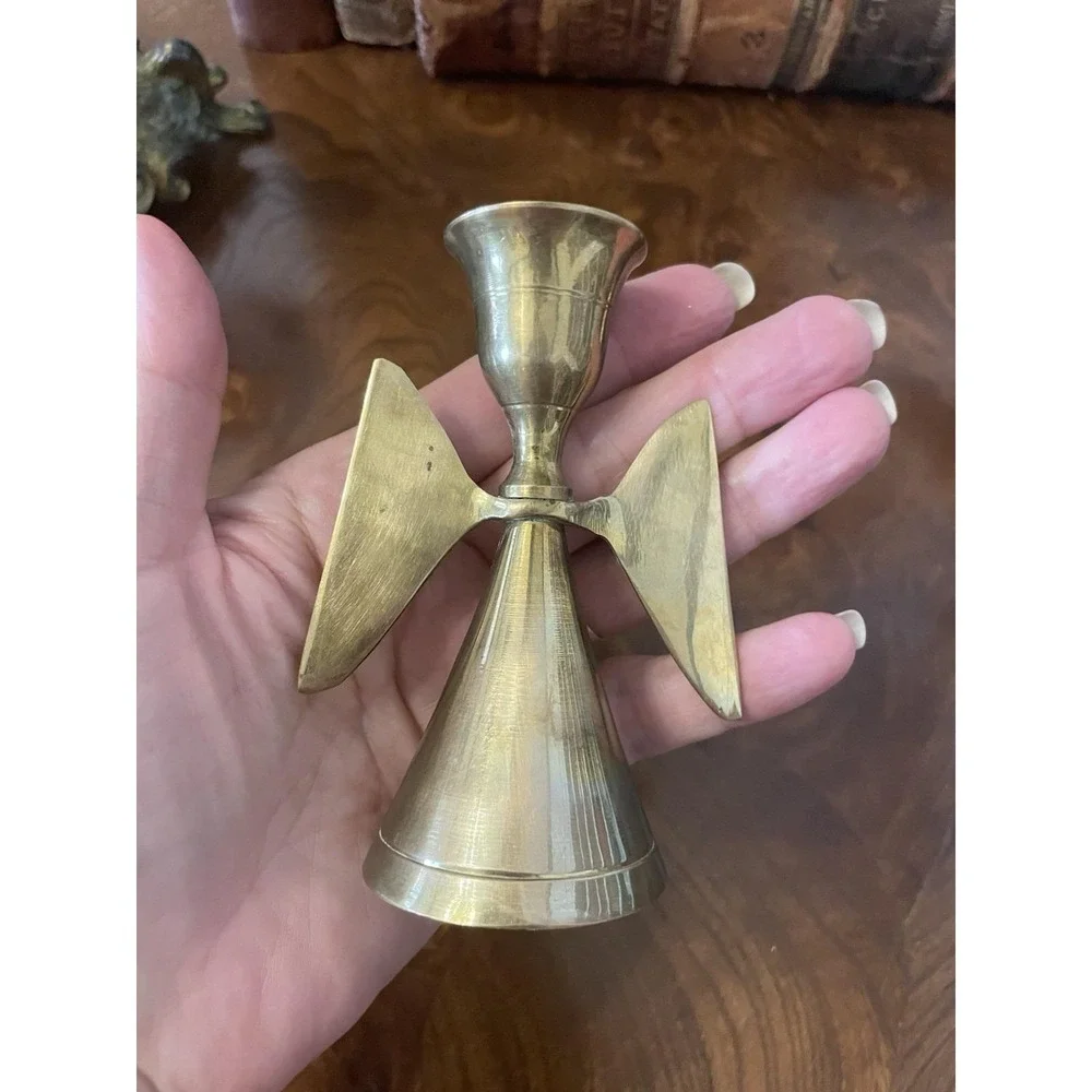 Vtg Solid Brass Angel Wing Candle Holder 4